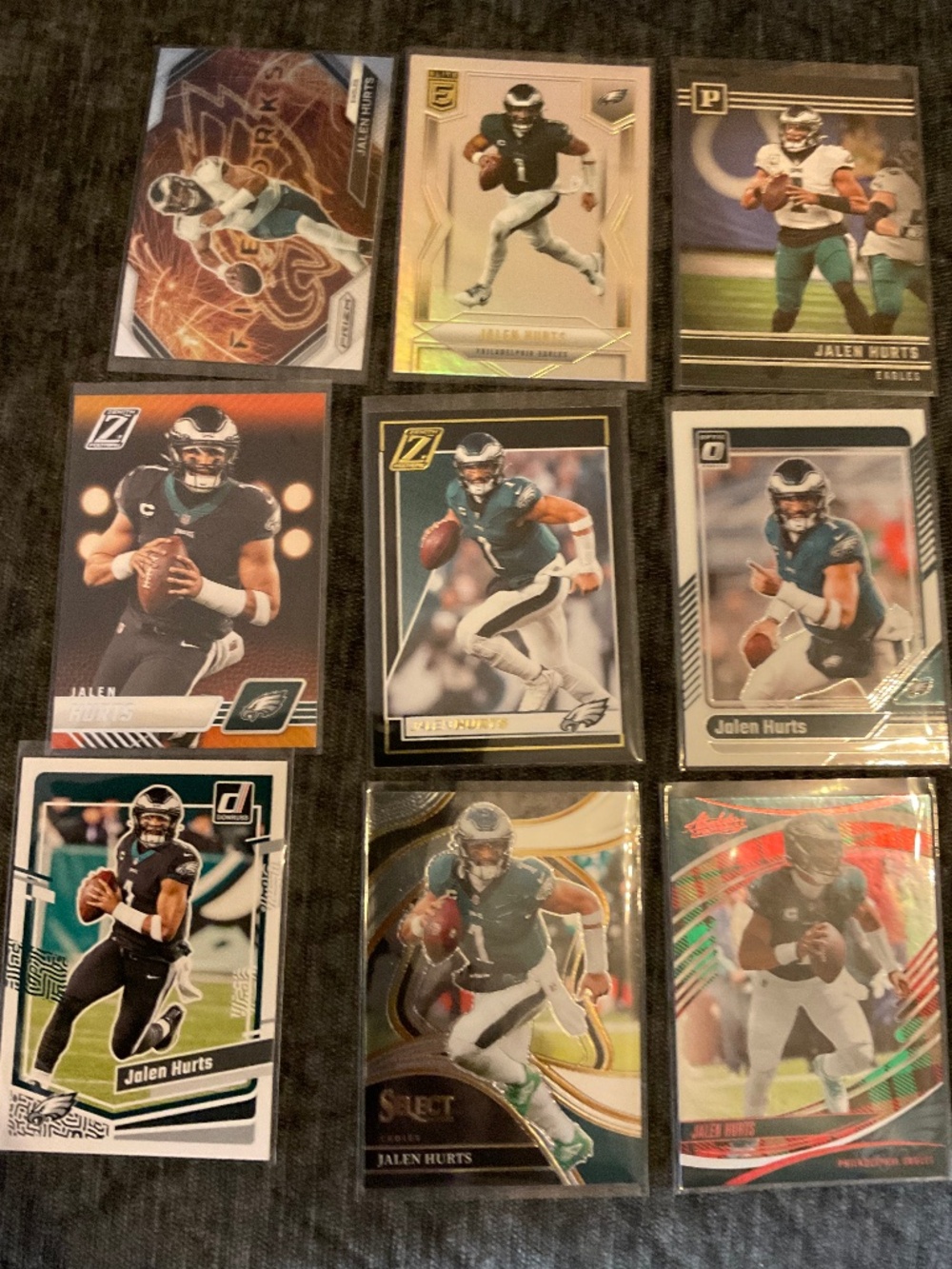 Jalen Hurts 9 Card Lot: Absolute, Optic, Zenith, Select, Prizm, Elite